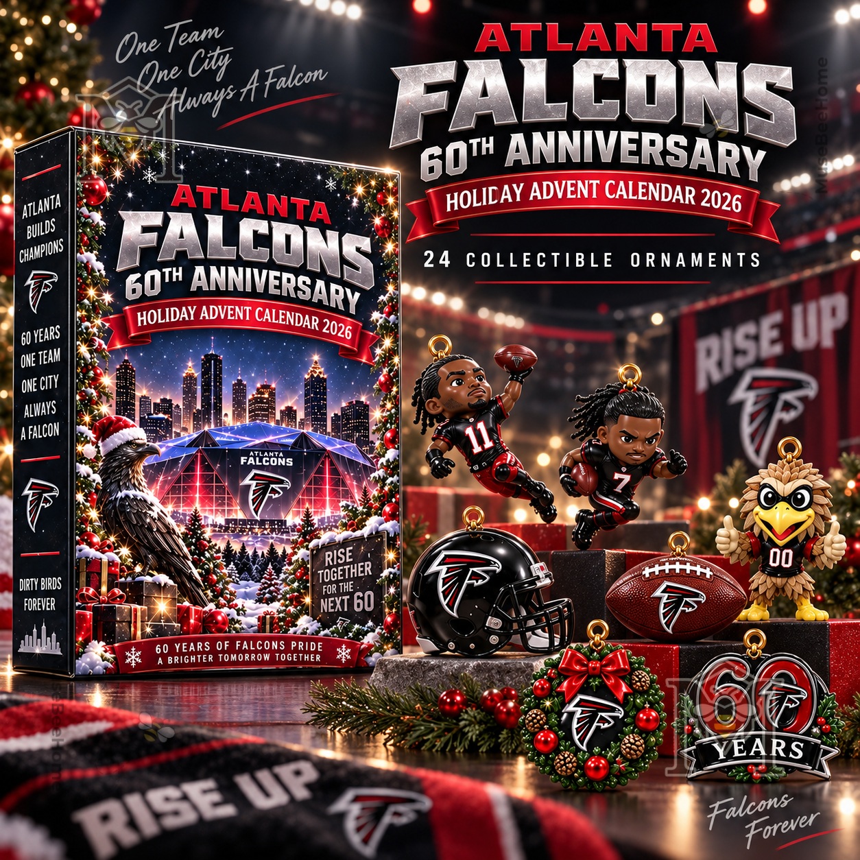 Atlanta Falcons 60th Anniversary Advent Calendar 2026 - front box and collectible ornaments display