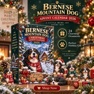 Bernese Mountain Dog Advent Calendar Christmas 2026 - box front with dog ornaments