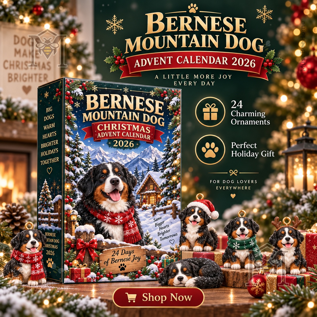 Bernese Mountain Dog Advent Calendar Christmas 2026 - box front with dog ornaments