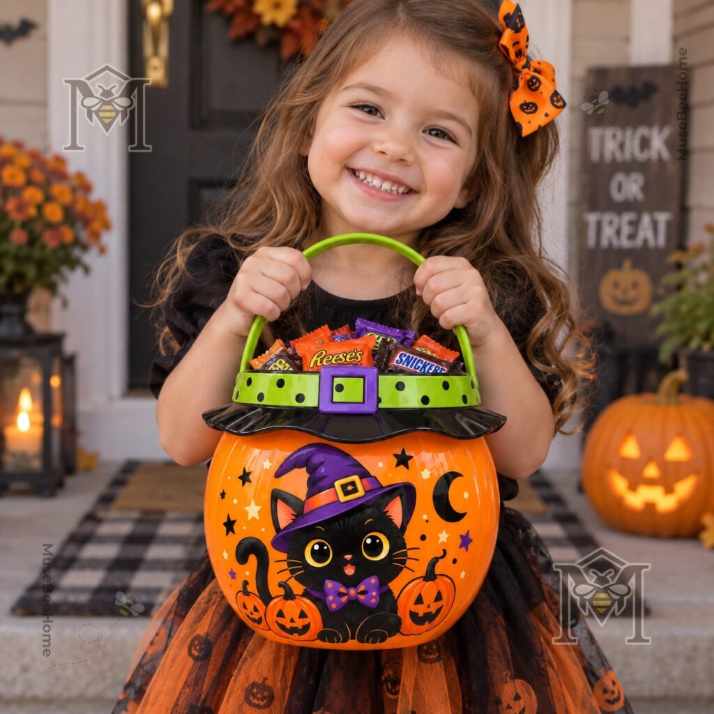 Black Cat Halloween Witch Candy Bucket - photo 3
