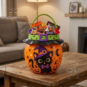 Black Cat Halloween Witch Candy Bucket - photo 4