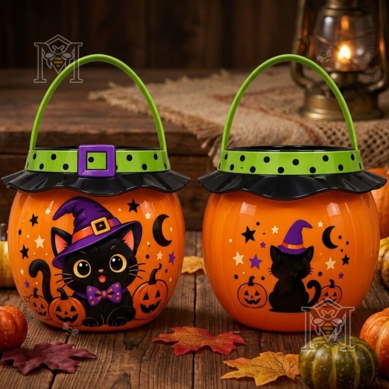 Black Cat Halloween Witch Candy Bucket - front and side views with orange pumpkin design