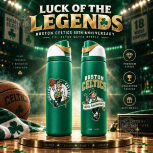 Boston Celtics 80th Anniversary 2026 Water Bottle - front and back views displayed together