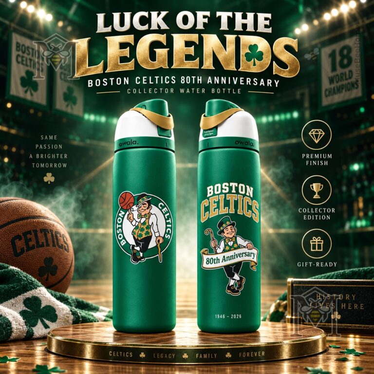 Boston Celtics 80th Anniversary 2026 Water Bottle - front and back views displayed together