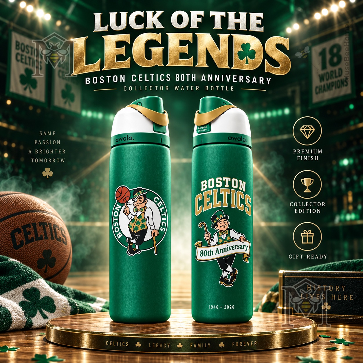 Boston Celtics 80th Anniversary 2026 Water Bottle - front and back views displayed together