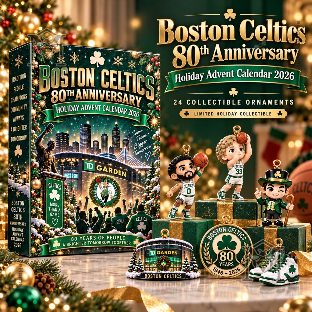 Boston Celtics 80th Anniversary Advent Calendar - front box and collectible ornaments display