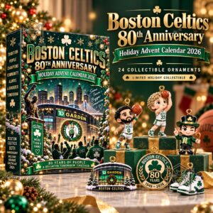 Boston Celtics 80th Anniversary Advent Calendar - front box and collectible ornaments display