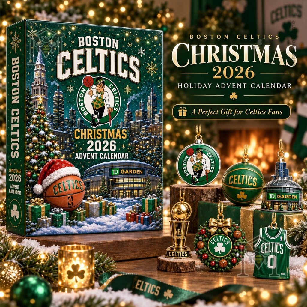 Boston Celtics Christmas 2026 Advent Calendar – Front box with snowy Boston Boston Celtics Christmas 2026 Advent Calendar - front box with snowy Boston city artwork