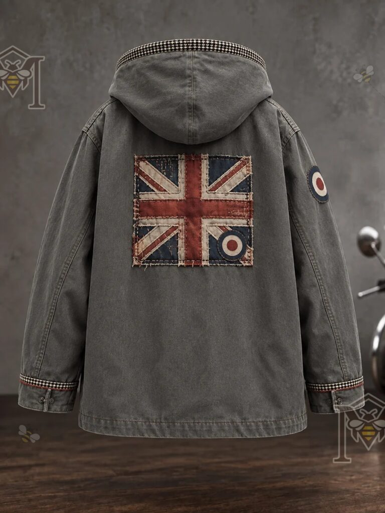 British Music Lover Mods Art Printed Jacket - large Union Jack back patch detail