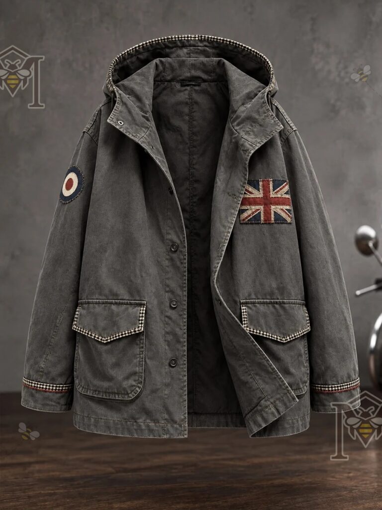 British Music Lover Mods Art Printed Jacket - circular sleeve emblems and checker trim