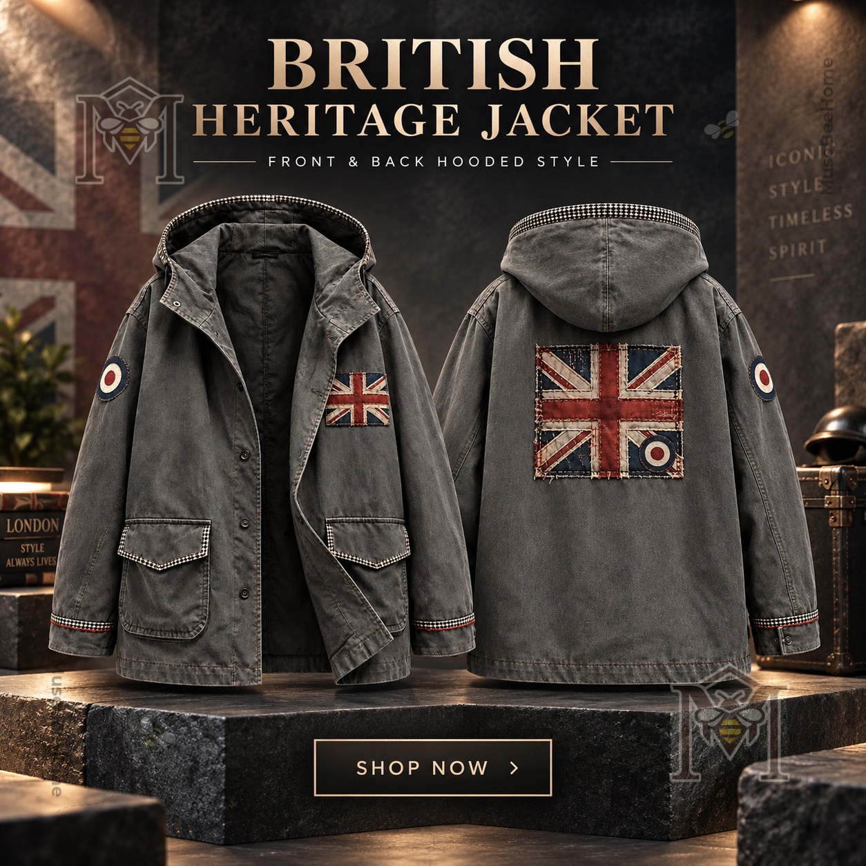British Music Lover Mods Art Printed Jacket - front and back views with hooded design