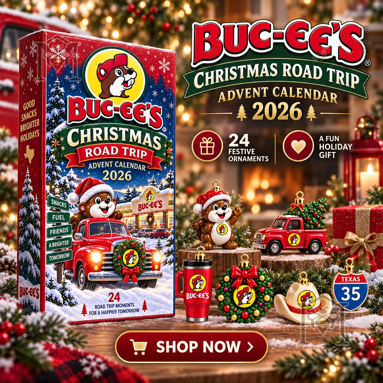 Buc-ee's Christmas Road Trip 2026 Advent Calendar - front box with festive ornament display