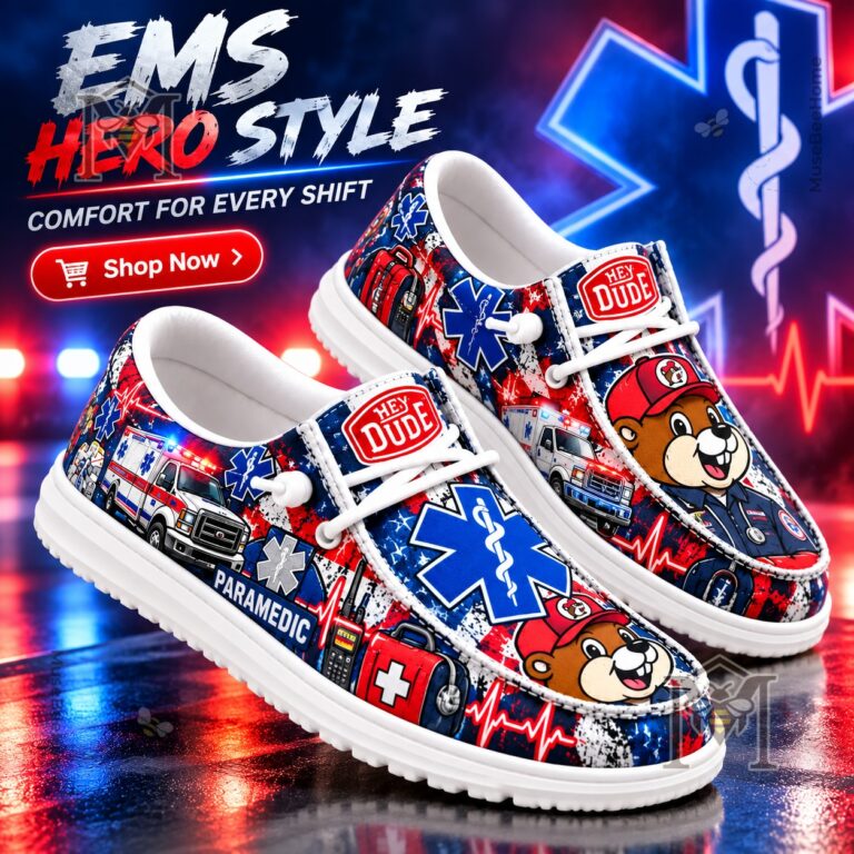 Buc-ee’s EMS First Responder Paramedic Loafer Shoes - angled view showing both decorated shoes