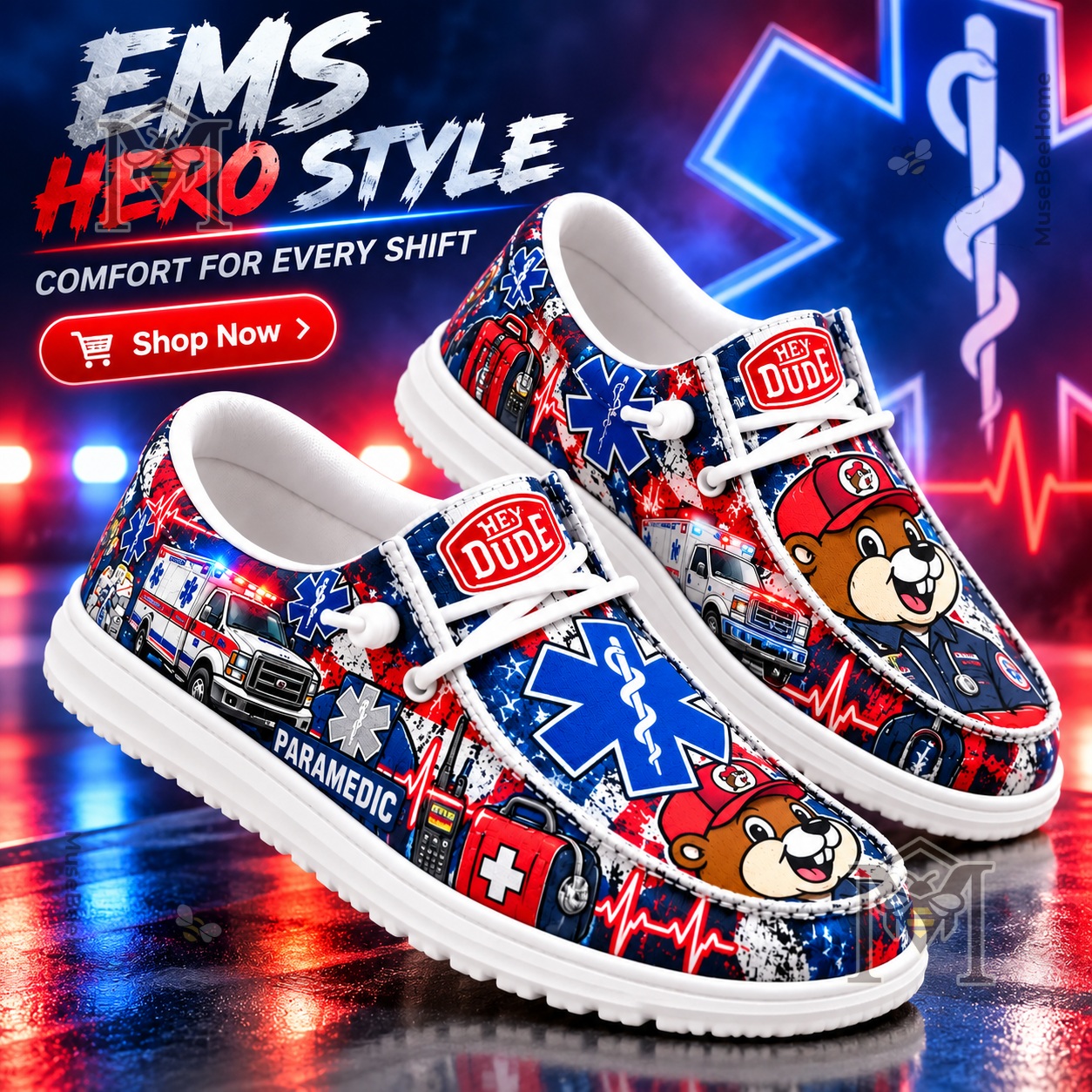 Buc-ee’s EMS First Responder Paramedic Loafer Shoes - angled view showing both decorated shoes