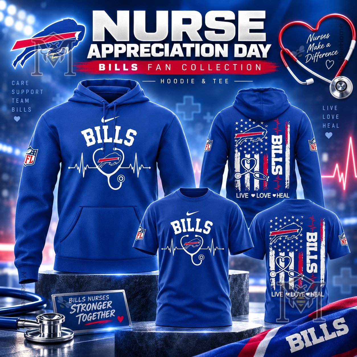 Buffalo Bills Nurse Appreciation Day T-Shirt - front and back apparel designs displayed