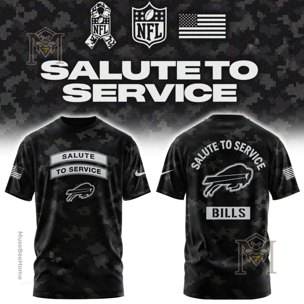 Buffalo Bills Salute to Service T-Shirt – Front and back views Buffalo Bills Salute to Service T-Shirt - front and back views