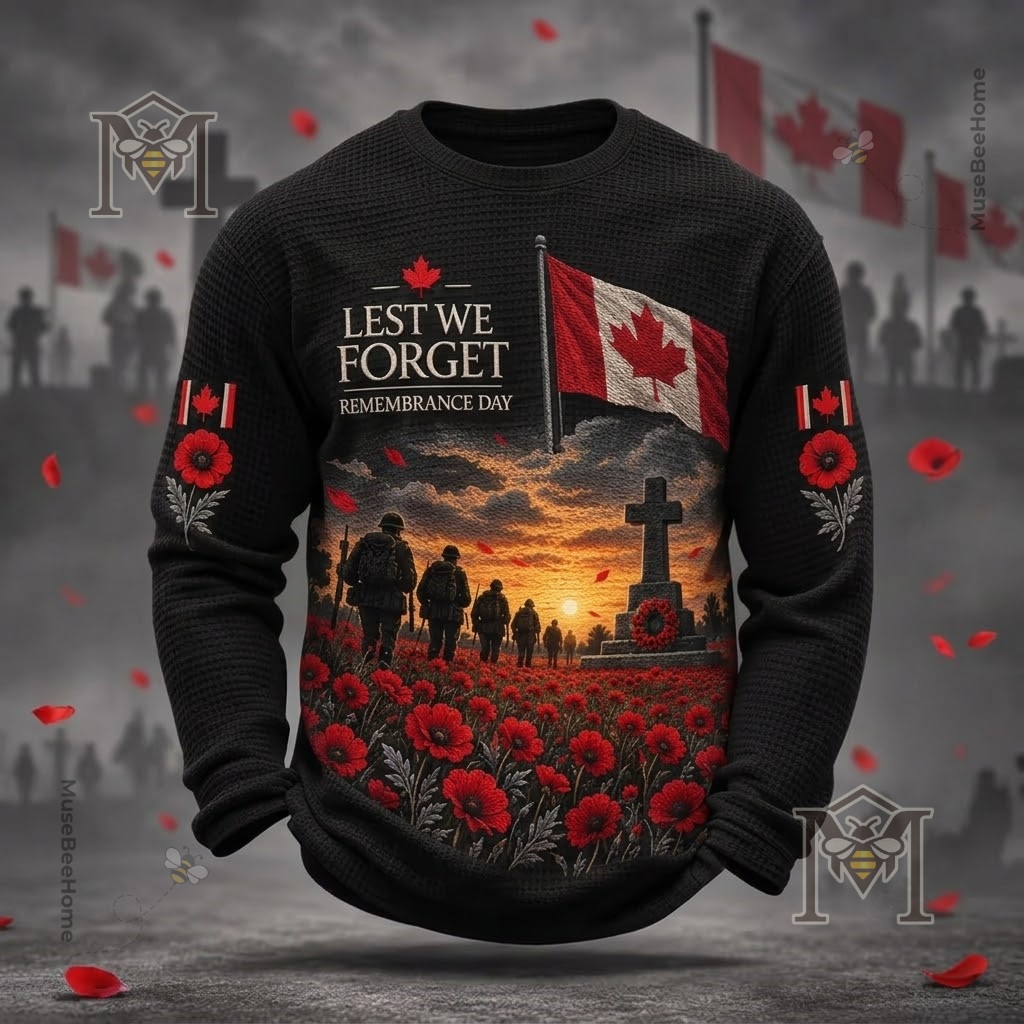 Canada Remembrance Day Poppy Print Waffle Long Sleeve T-Shirt - photo 2