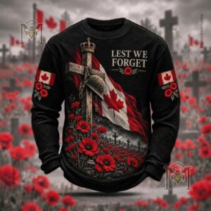 Canada Remembrance Day Poppy Print Waffle Long Sleeve T-Shirt - photo 3