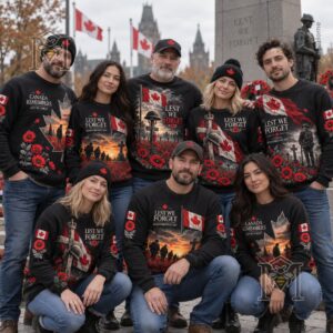 Canada Remembrance Day Poppy Print Waffle Long Sleeve T-Shirt - group wearing front designs
