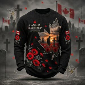 Canada Remembrance Day Poppy Print Waffle Long Sleeve T-Shirt - photo 4