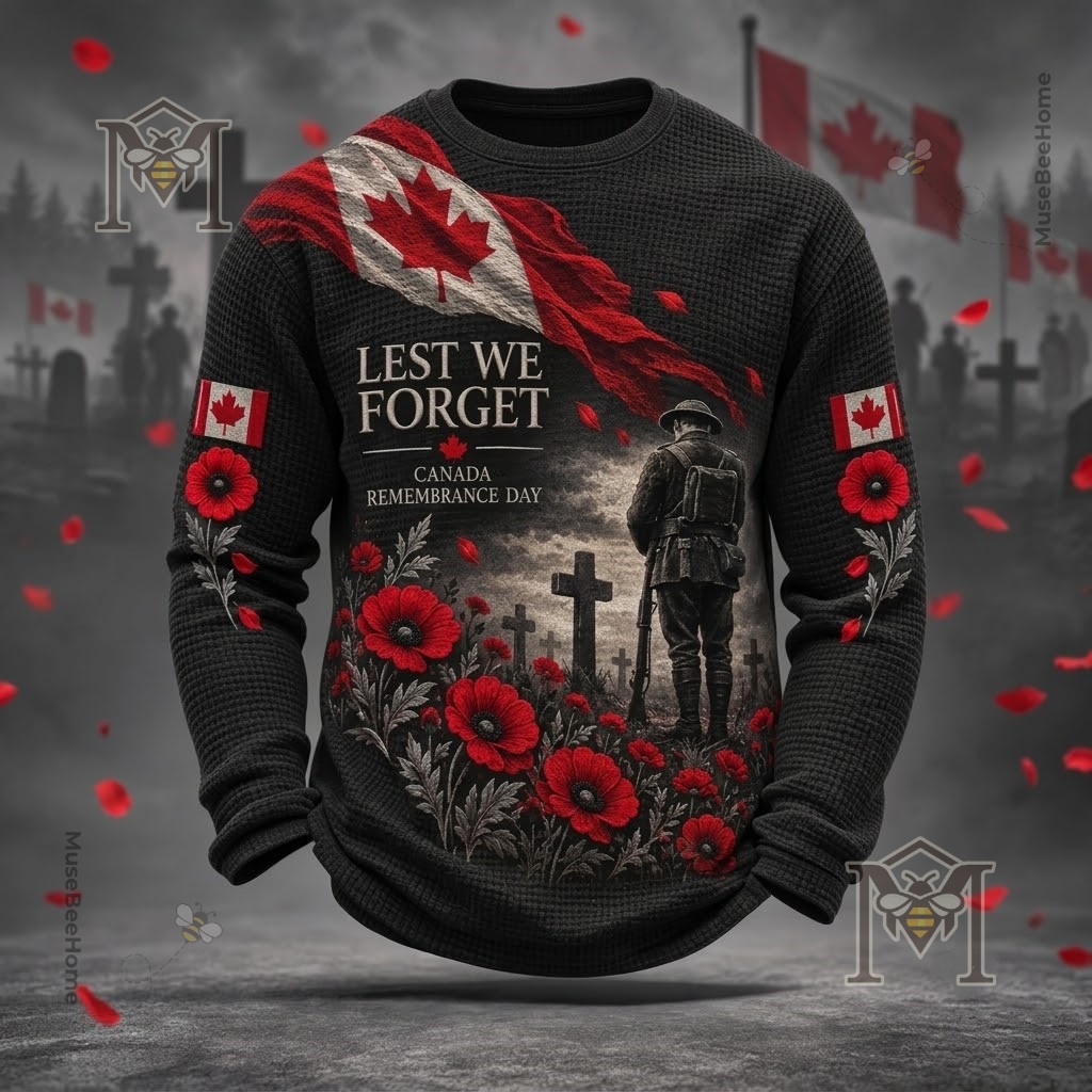 Canada Remembrance Day Poppy Print Waffle Long Sleeve T-Shirt - photo 5