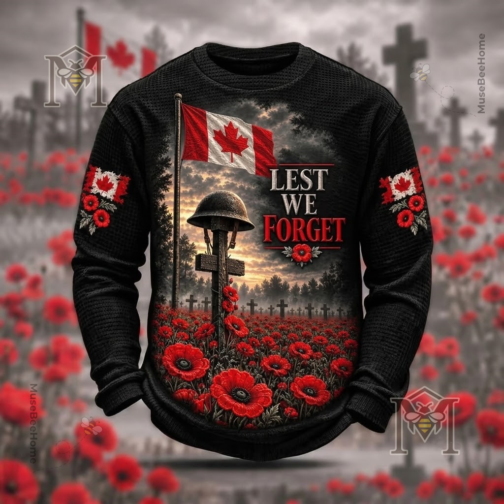 Canada Remembrance Day Poppy Print Waffle Long Sleeve T-Shirt - photo 6