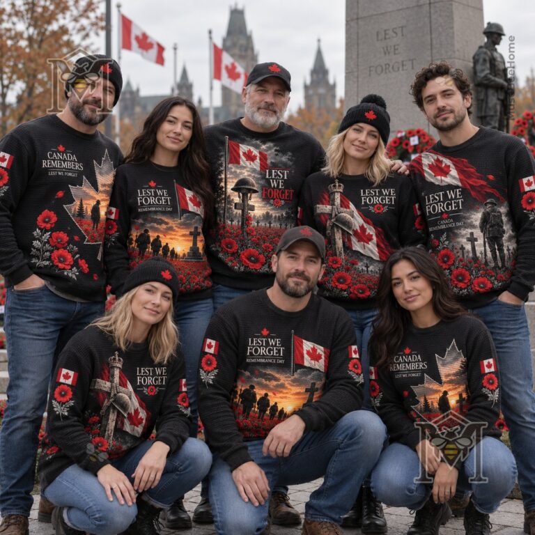 Canada Remembrance Day Poppy Print Waffle Long Sleeve T-Shirt - group wearing front designs
