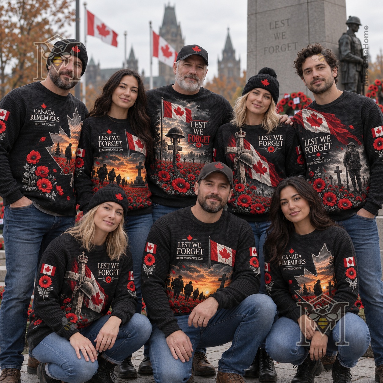 Canada Remembrance Day Poppy Print Waffle Long Sleeve T-Shirt - group wearing front designs