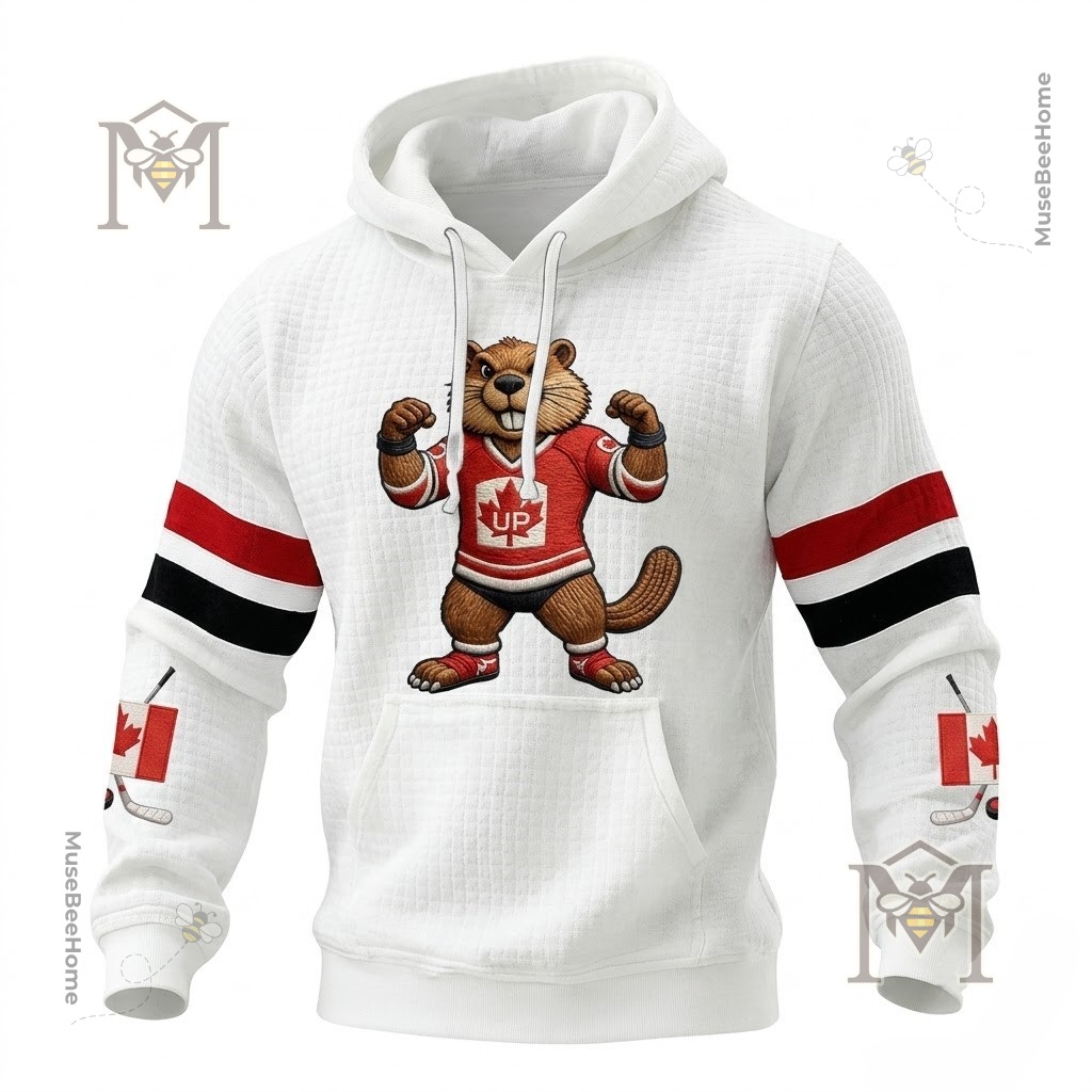 Canadian Hockey Beaver Maple Leaf Hoodie - centered maple leaf jersey illustration