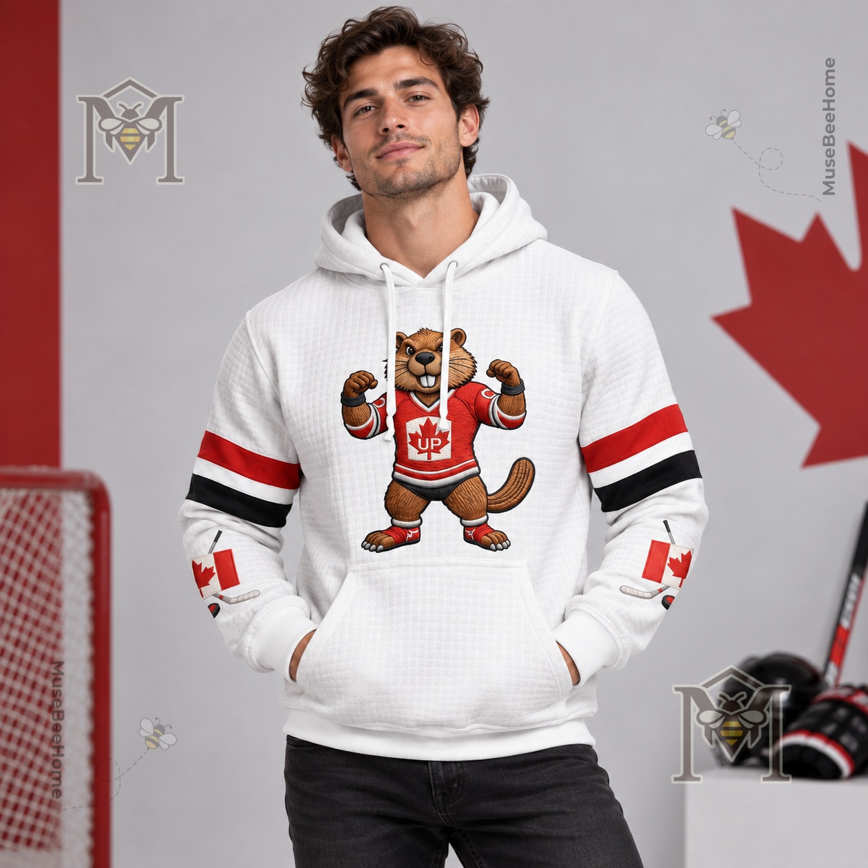 Canadian Hockey Beaver Maple Leaf Hoodie - sleeve stripes and cuff flag details