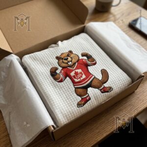Canadian Hockey Beaver Maple Leaf Hoodie - full hoodie displayed on hanger