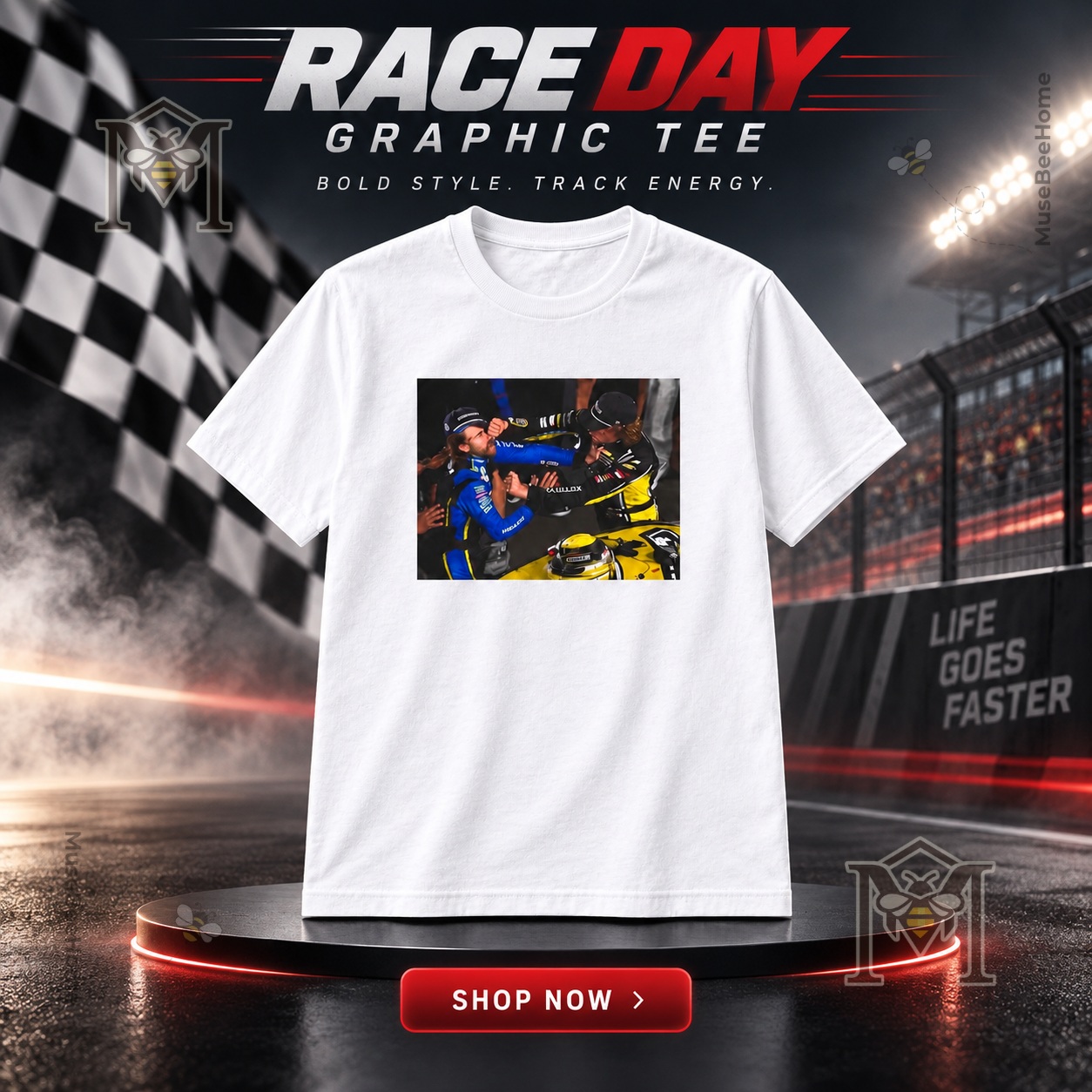 Carson Hocevar NASCAR Fight T-Shirt 2026 - front view with centered driver confrontation graphic