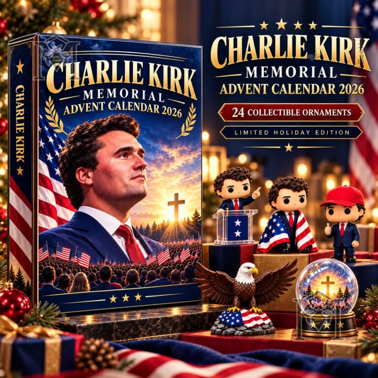 Charlie Kirk Memorial Advent Calendar 2026 - front box beside patriotic collectible ornaments