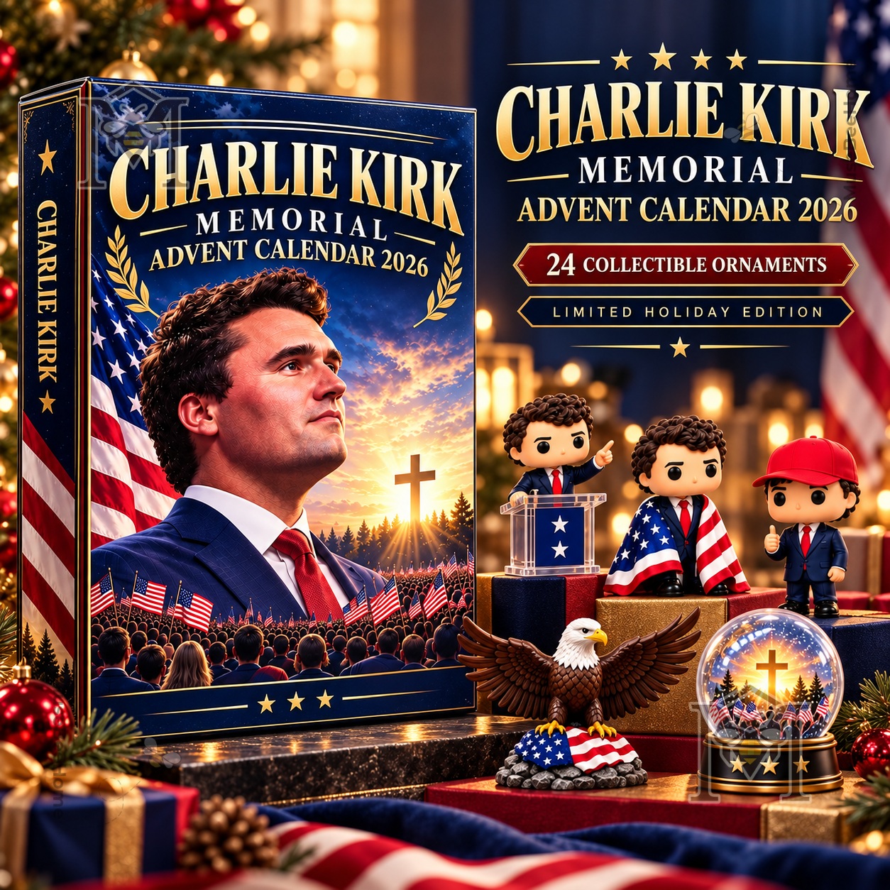 Charlie Kirk Memorial Advent Calendar 2026 - front box beside patriotic collectible ornaments