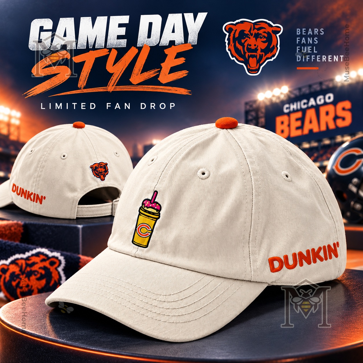 Chicago Bears Dunkin 2026 Cap - front and back views showing embroidered team and brand details