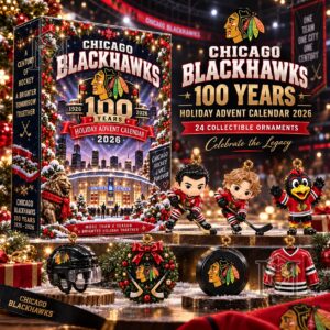 Chicago Blackhawks 100th Anniversary 2026 Advent Calendar - front box and collectible ornament designs