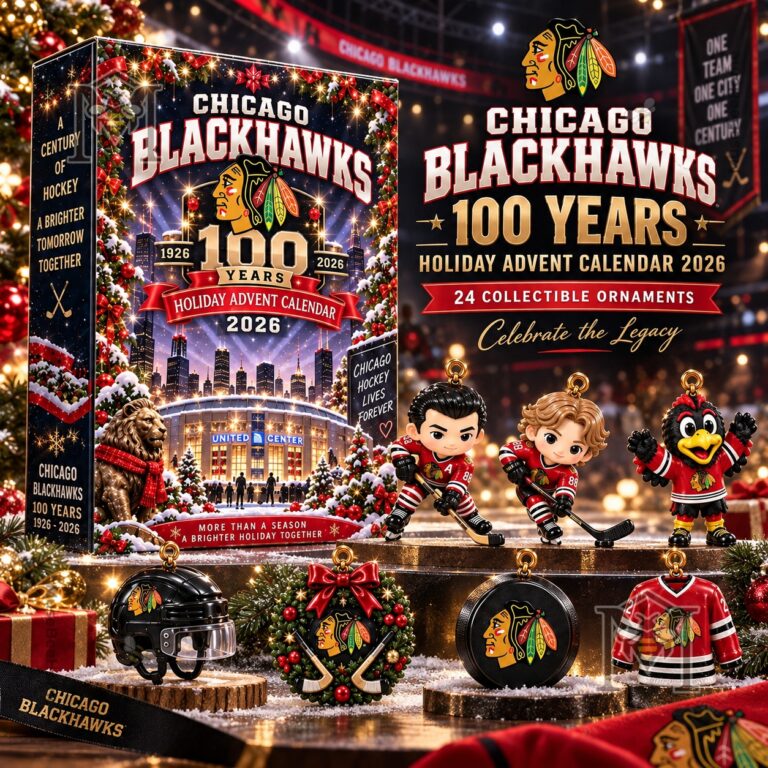 Chicago Blackhawks 100th Anniversary 2026 Advent Calendar - front box and collectible ornament designs
