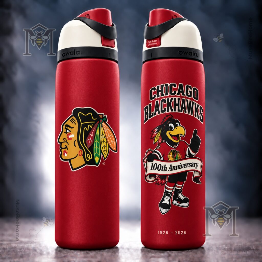 Chicago Blackhawks 100th Anniversary Tommy Hawk Bottle - Tommy Hawk anniversary graphic