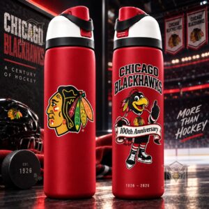 Chicago Blackhawks 100th Anniversary Tommy Hawk Bottle - front and reverse views