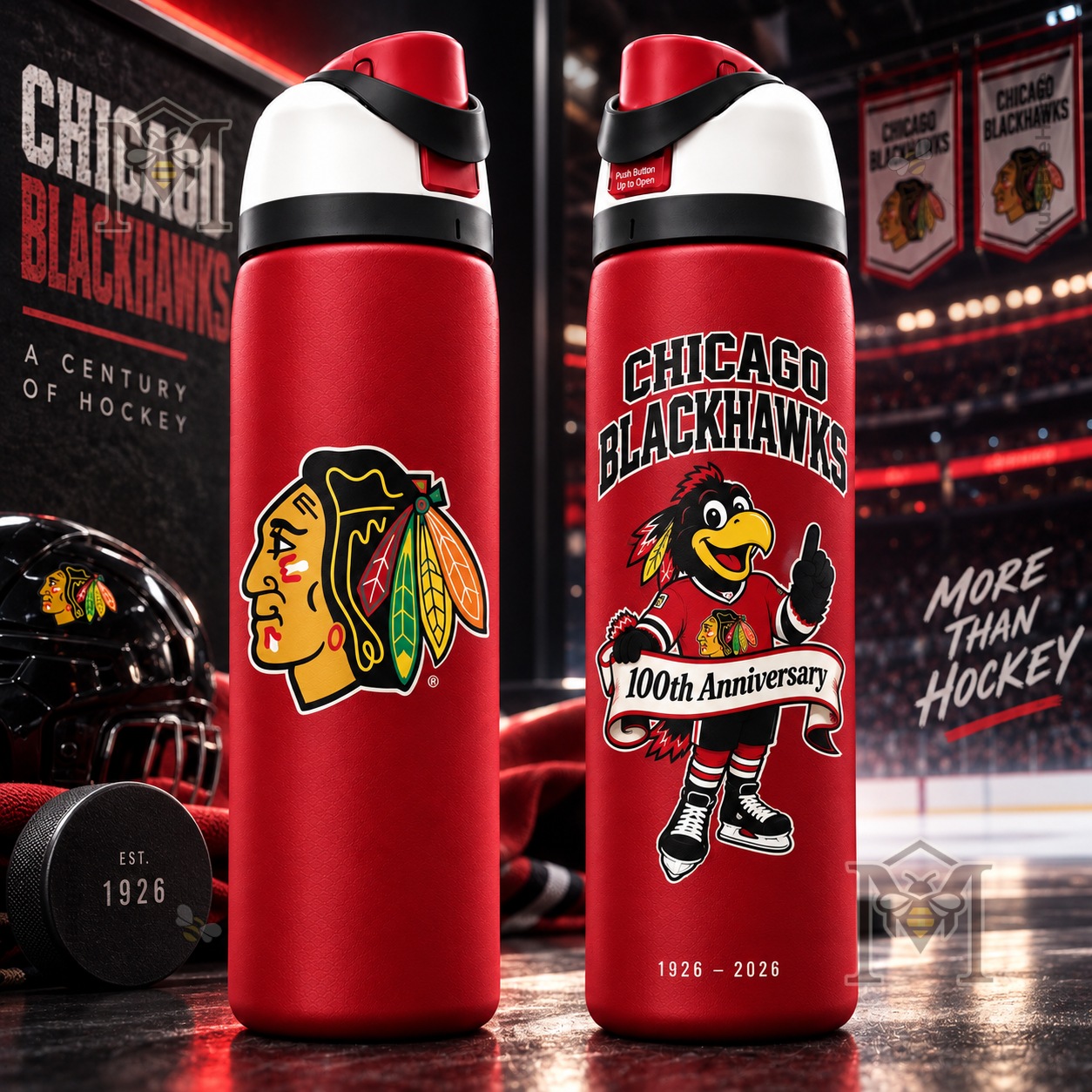 Chicago Blackhawks 100th Anniversary Tommy Hawk Bottle - front and reverse views