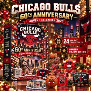 Chicago Bulls 60th Anniversary Advent Calendar 2026 box with holiday collectibles displayed