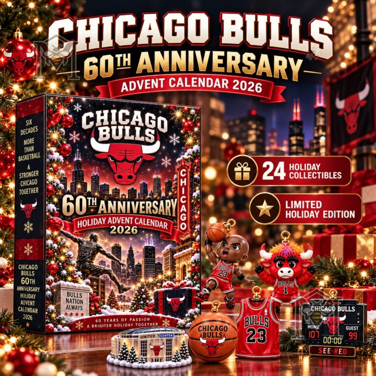 Chicago Bulls 60th Anniversary Advent Calendar 2026 box with holiday collectibles displayed
