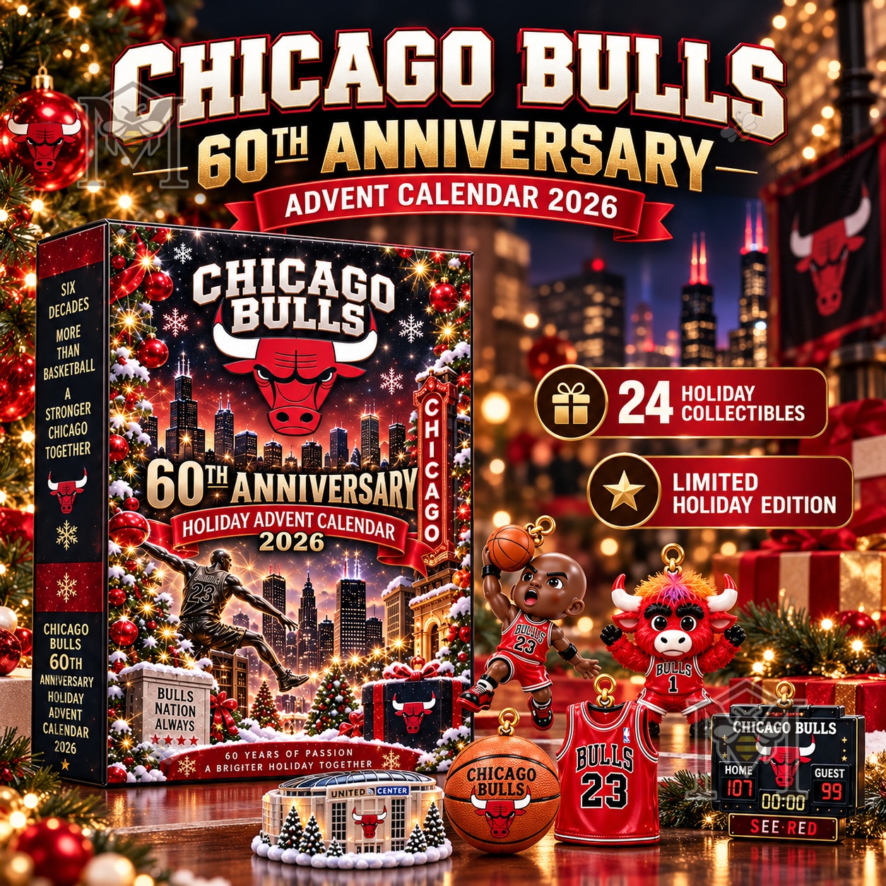 Chicago Bulls 60th Anniversary Advent Calendar 2026 box with holiday collectibles displayed