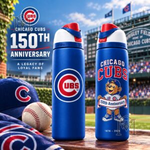 Chicago Cubs 150th Anniversary 2026 Water Bottle - front and back designs