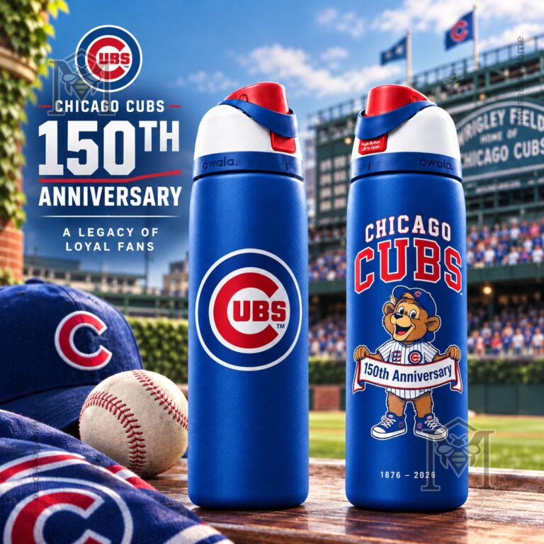 Chicago Cubs 150th Anniversary 2026 Water Bottle - front and back designs