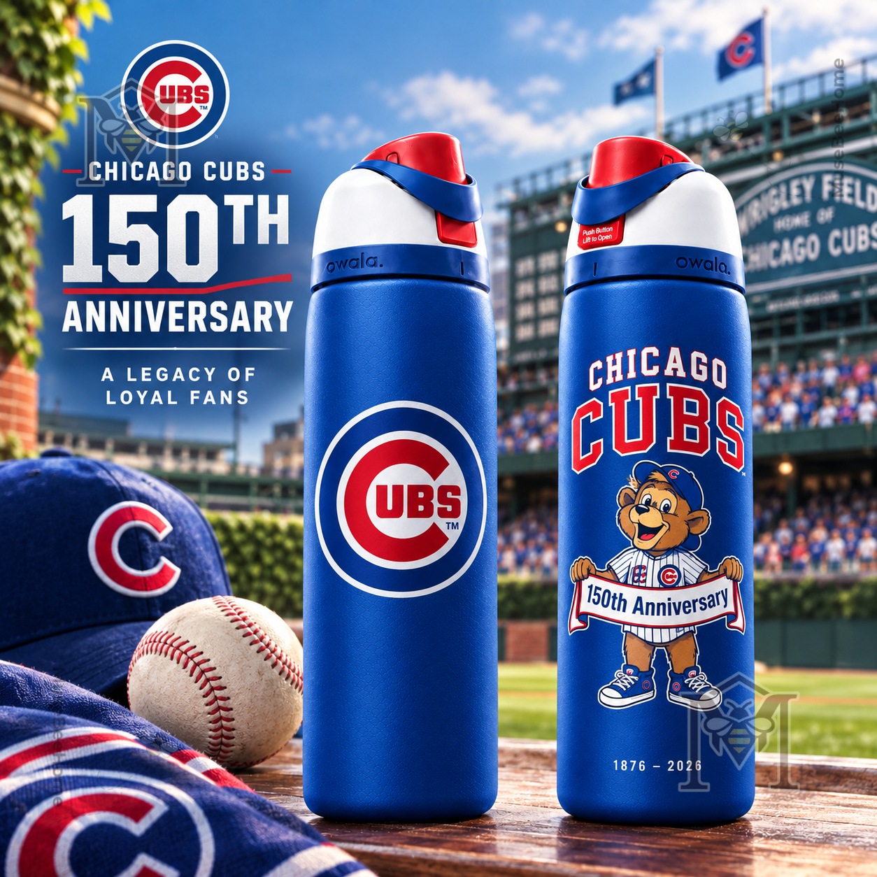 Chicago Cubs 150th Anniversary 2026 Water Bottle - front and back designs
