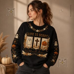 Christian Faith Life Is Scary Without Jesus Halloween Sweatshirt - close view of ghost and cross artwork