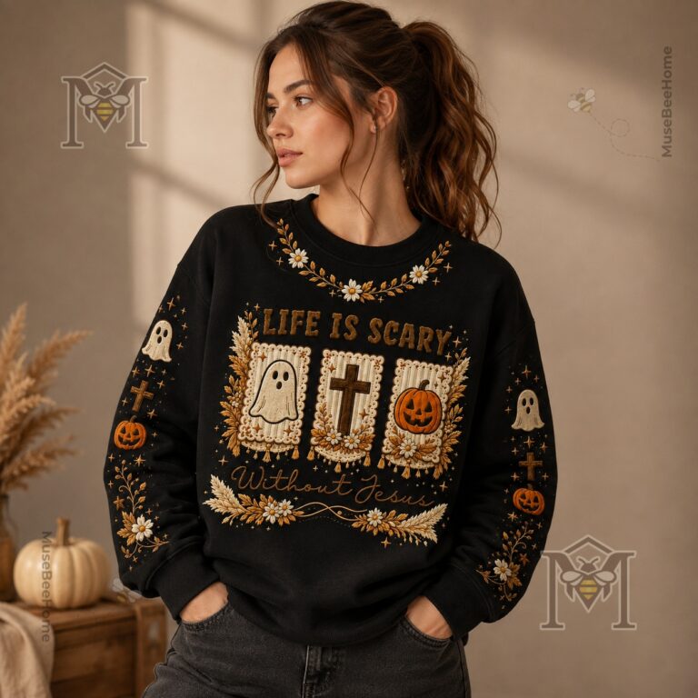 Christian Faith Life Is Scary Without Jesus Halloween Sweatshirt - close view of ghost and cross artwork