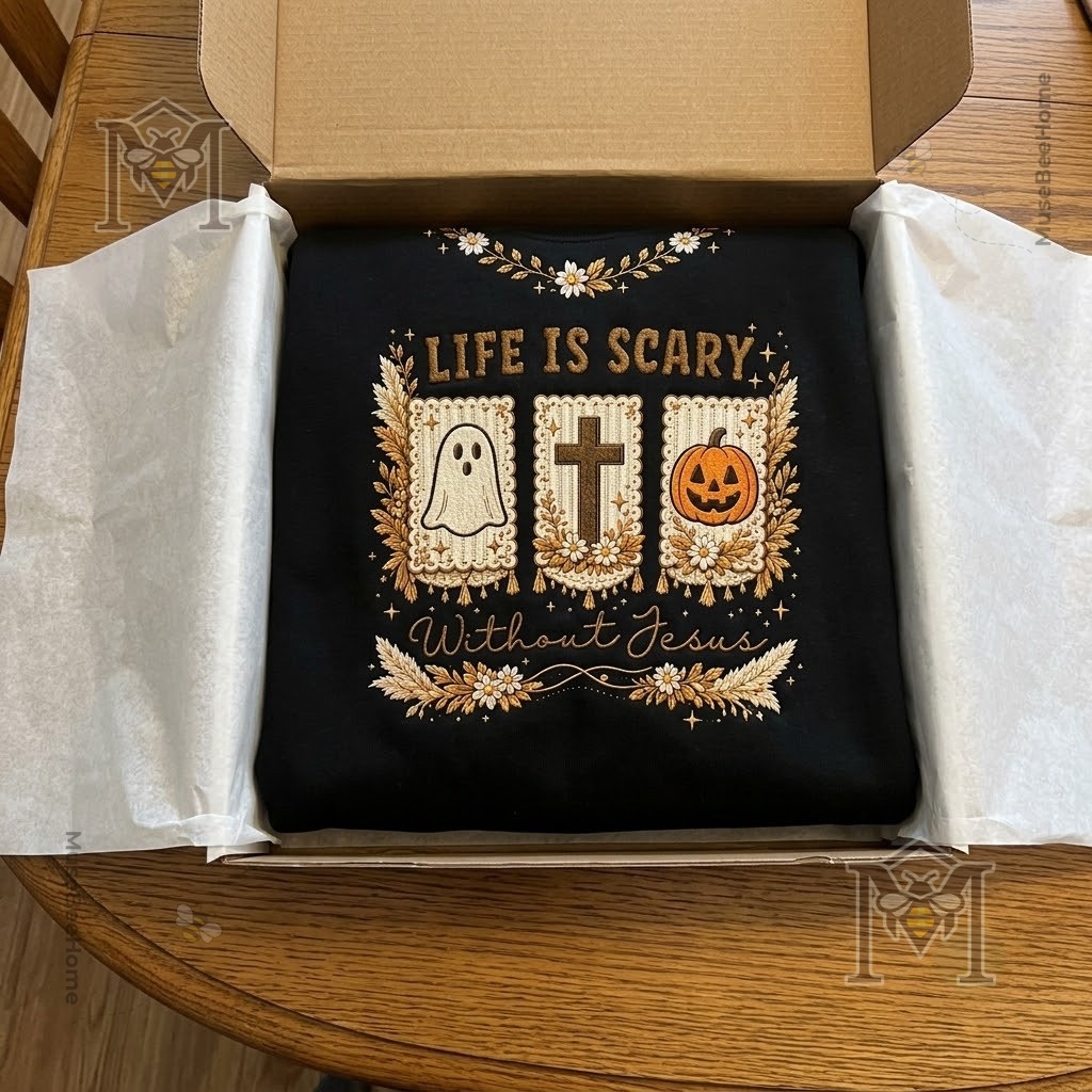 Christian Faith Life Is Scary Without Jesus Halloween Sweatshirt - detailed view of floral pumpkin sleeves