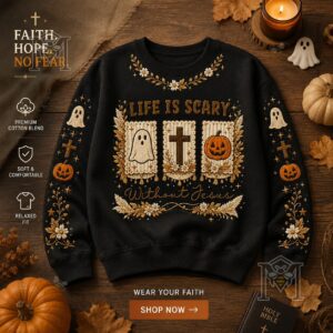 Christian Faith Life Is Scary Without Jesus Halloween Sweatshirt - front view with full graphic